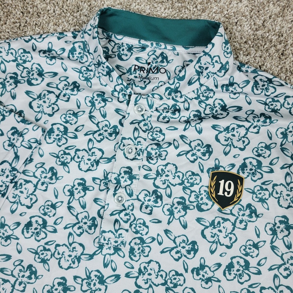 Primo Blade Mens Medium White Green AOP Floral Performance Stretch Polo